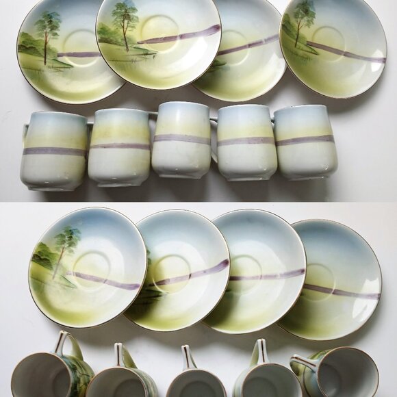 Antique Nippon Cups and Saucers Set: Hand-Painted Japanese Porcelain Landscape - Picture 8 of 9